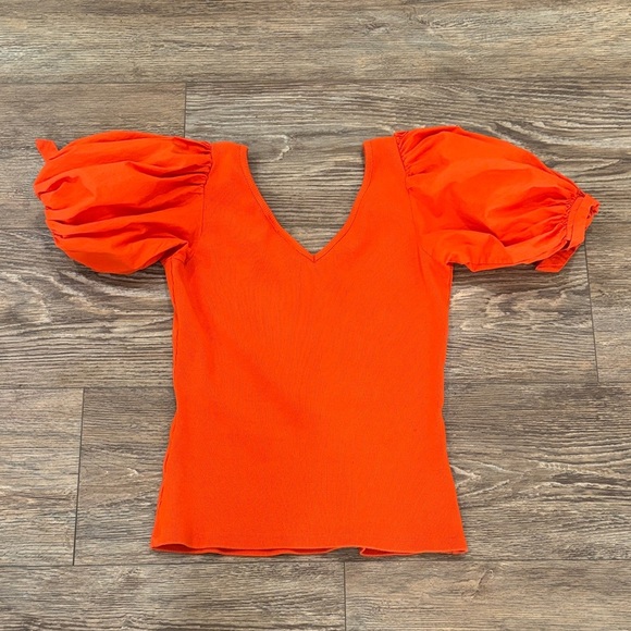 Maeve by Anthropologie Puff Sleeved Ribbed V-neck Top Women's Size Small Orange - Picture 7 of 7